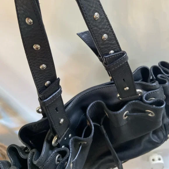 Anne Fontaine Studded Leather Drawstring Black Handbag Purse Rocker Biker BDSM - Picture 2 of 7